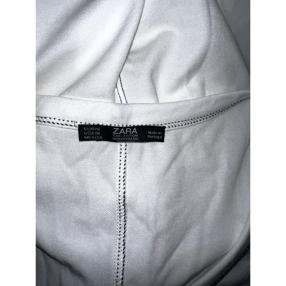 ZARA Dress Sz M White w/Black Stitching V-Neck Midi Slvls Minimalist Shirtdress - Picture 6 of 6